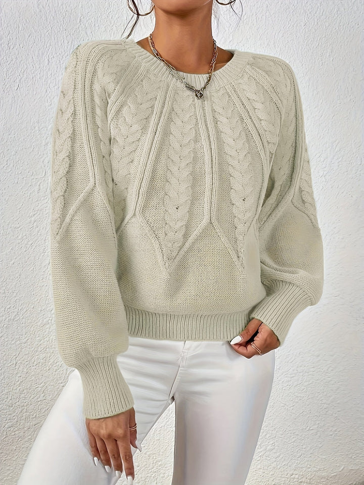 Comfortable women's relaxed fit cable knit sweater, soft texture, elegant lantern sleeves.
