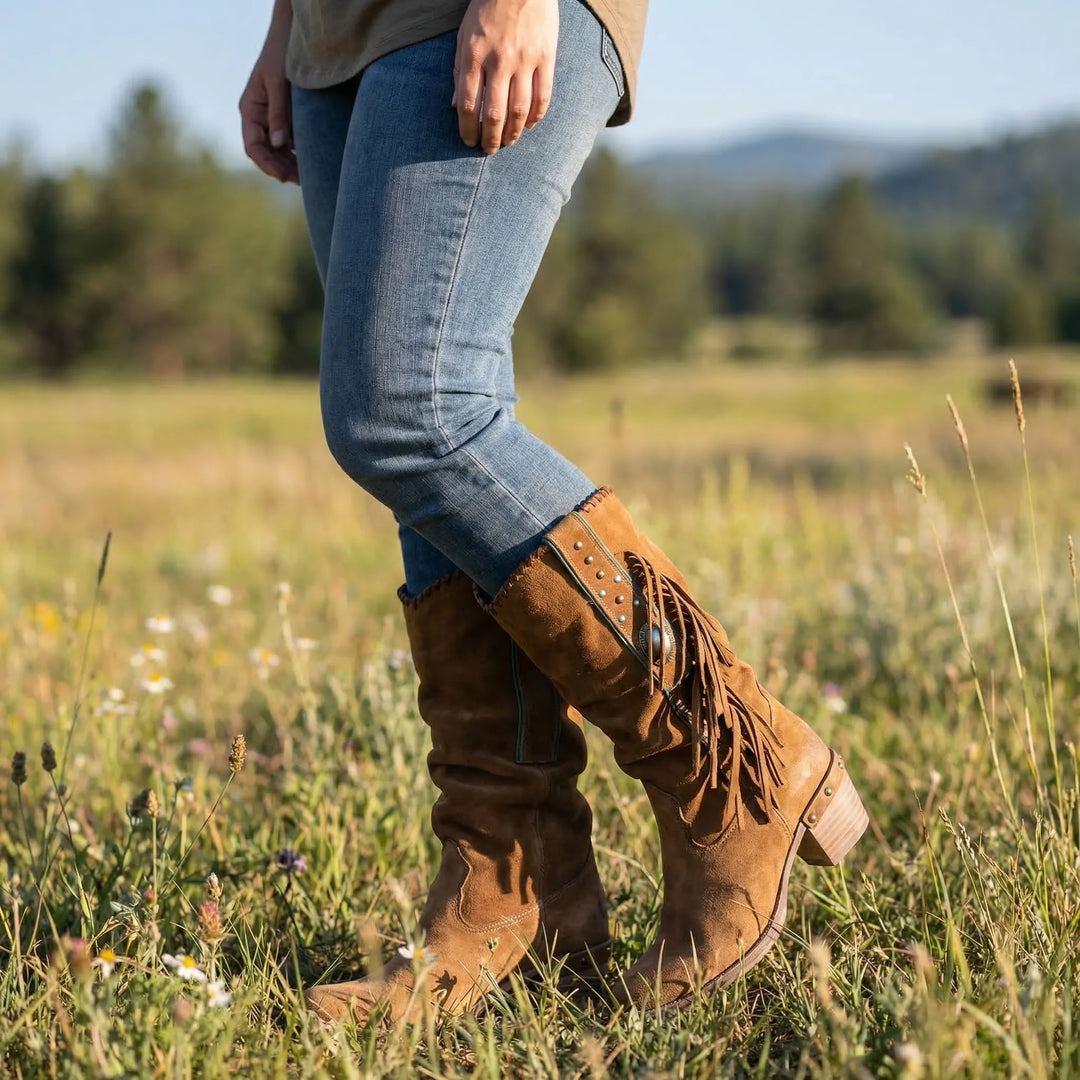 Women's Caroline mid-calf western boots with fringe & block heel. Perfect for boho fall fashion.