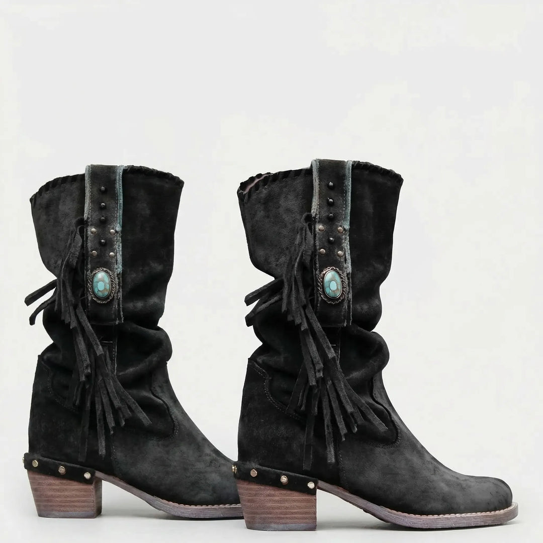 Women's Caroline western boots with mid-calf shaft, fringe, and a chic block heel for fall fashion.
