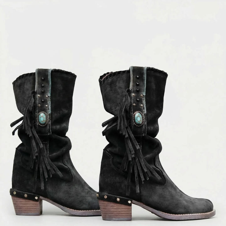 Women's Caroline western boots with mid-calf shaft, fringe, and a chic block heel for fall fashion.