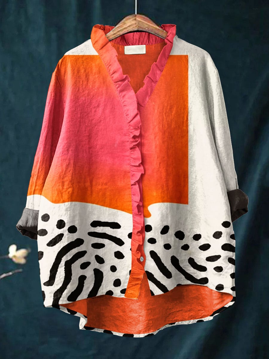 Women's casual abstract print blouse with button-up front, ruffled V-neck, and long sleeves. Stylish summer top.