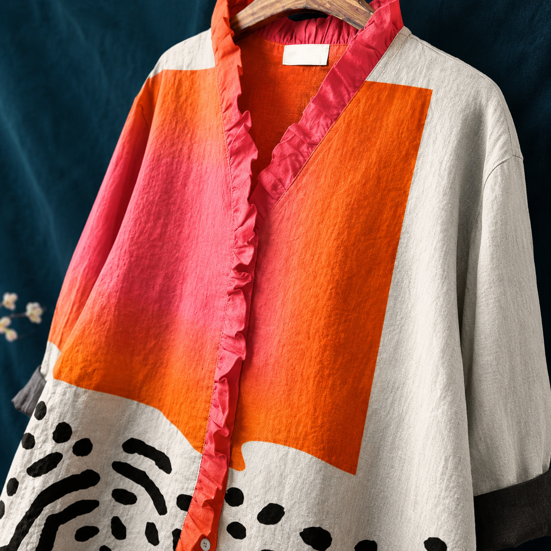 Stylish women's abstract pattern blouse, perfect for resort wear or a casual vacation outfit. Loose fit, long sleeve.