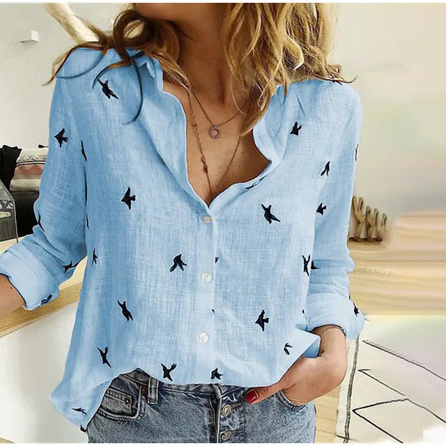 Women's casual bird print button-up blouse with long sleeves, perfect for everyday wear and spring fashion.