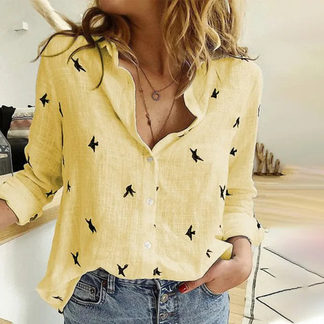 Stylish women's bird print button-up blouse. Loose fit, long sleeve, collared casual top for spring & vacation.