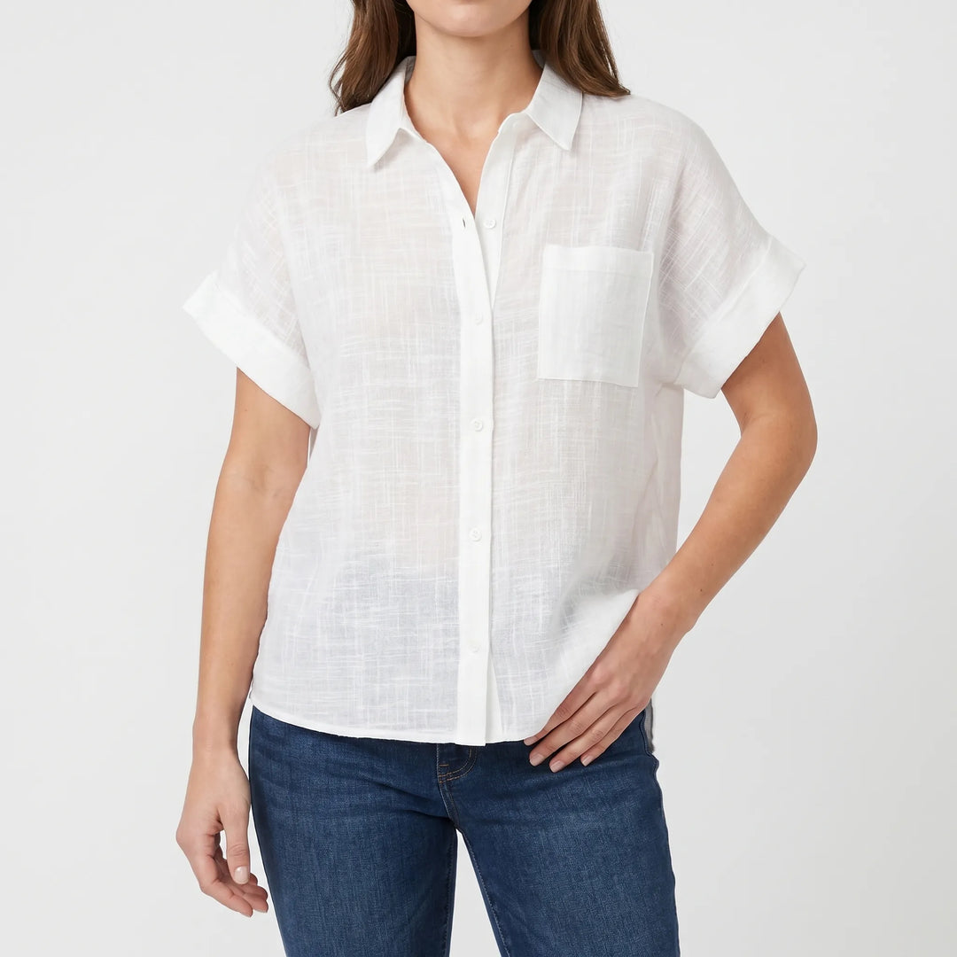 Versatile women's short sleeve button-down shirt. Effortless casual style, comfortable for summer and everyday wear.