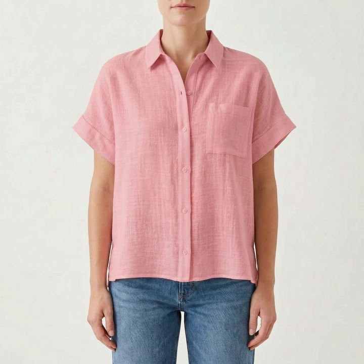 Summer essential: women's casual button-down shirt. Relaxed fit, short sleeve, lightweight for breezy comfort.