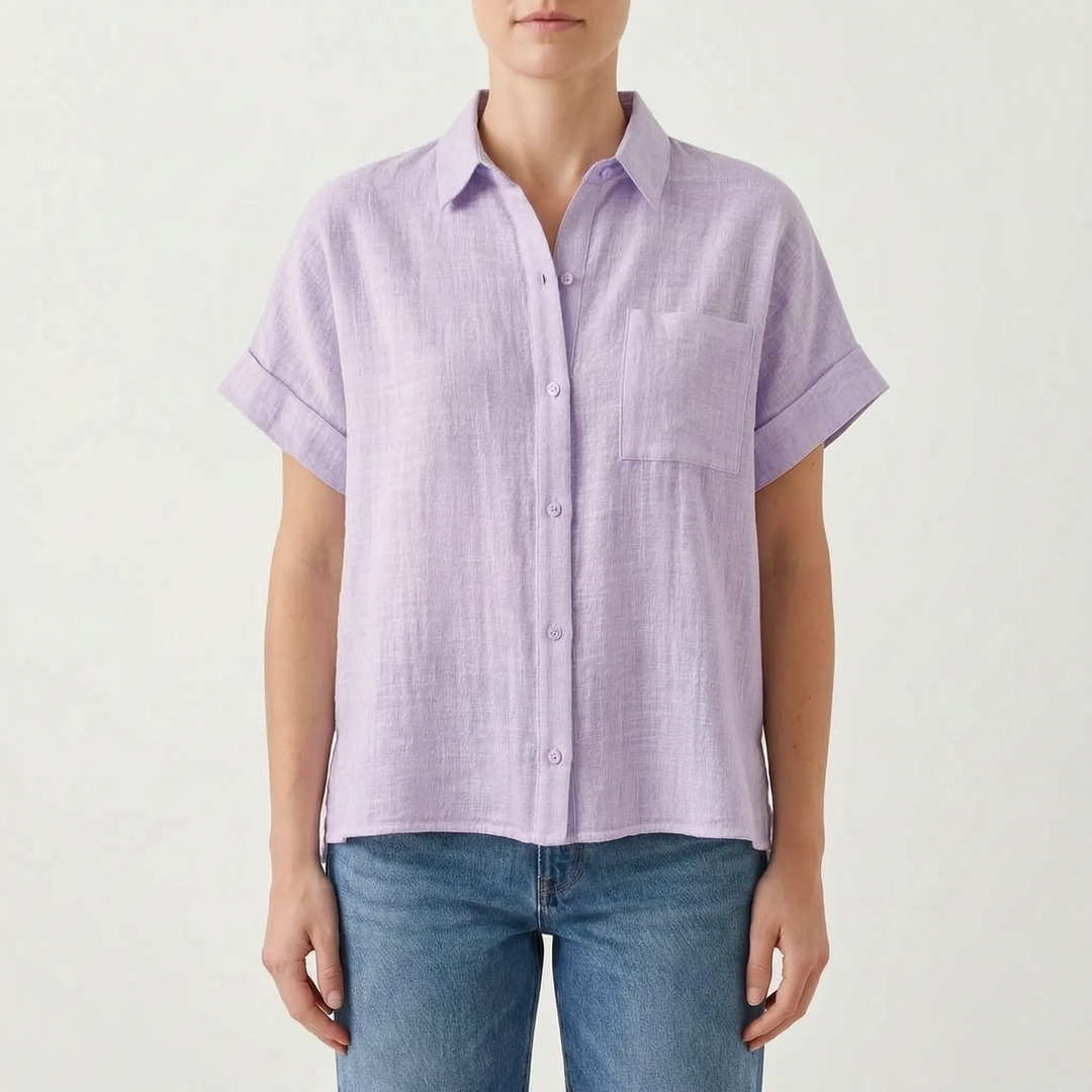 Women's casual button-down shirt, short sleeve, lightweight, relaxed fit. Versatile summer top for everyday style.
