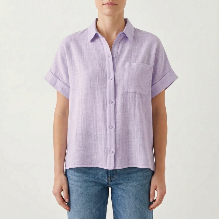 Women's casual button-down shirt, short sleeve, lightweight, relaxed fit. Versatile summer top for everyday style.