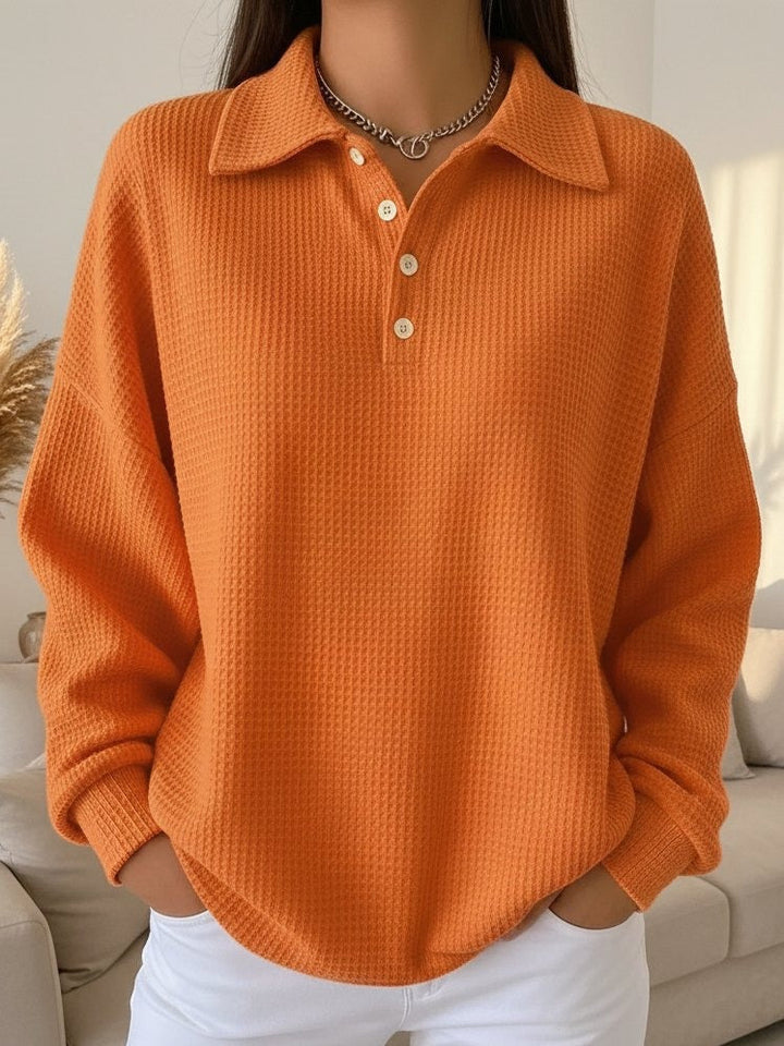 Women's casual collared Henley sweater in soft knit, perfect for effortless autumn and fall fashion.