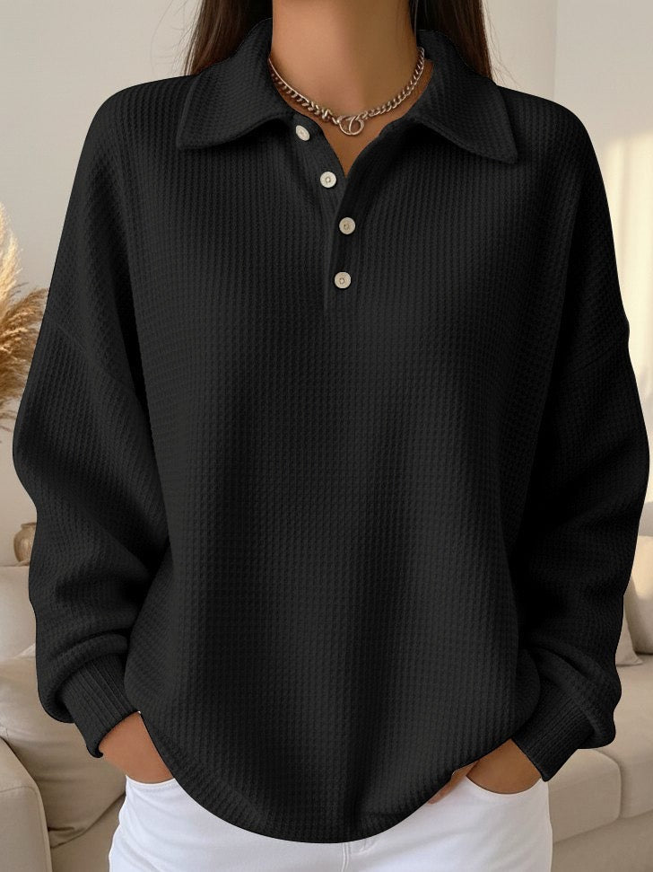 Versatile oversized women's collared Henley sweater; a cozy, long-sleeve top for everyday fall and autumn style.