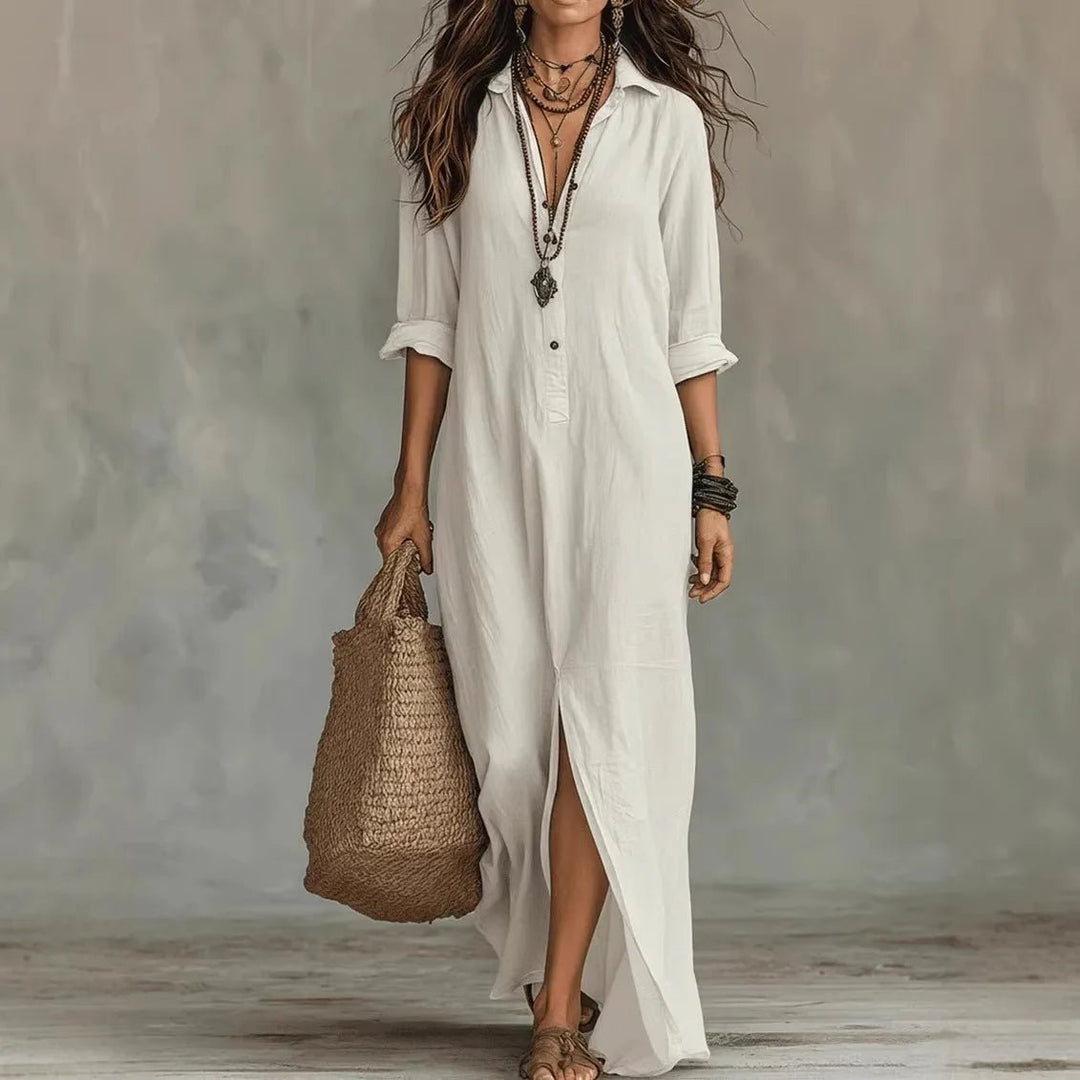 Women's casual half-button maxi shirt dress with 3/4 sleeves & side split. Perfect for everyday style.