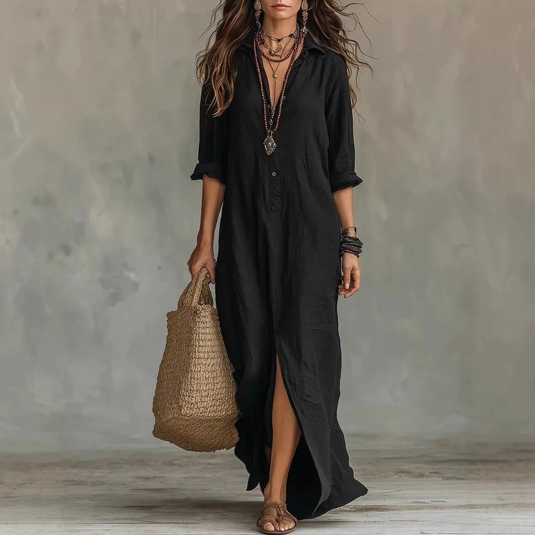 Relaxed fit women's casual maxi dress with 3/4 sleeves & half-button detail for comfortable summer wear.