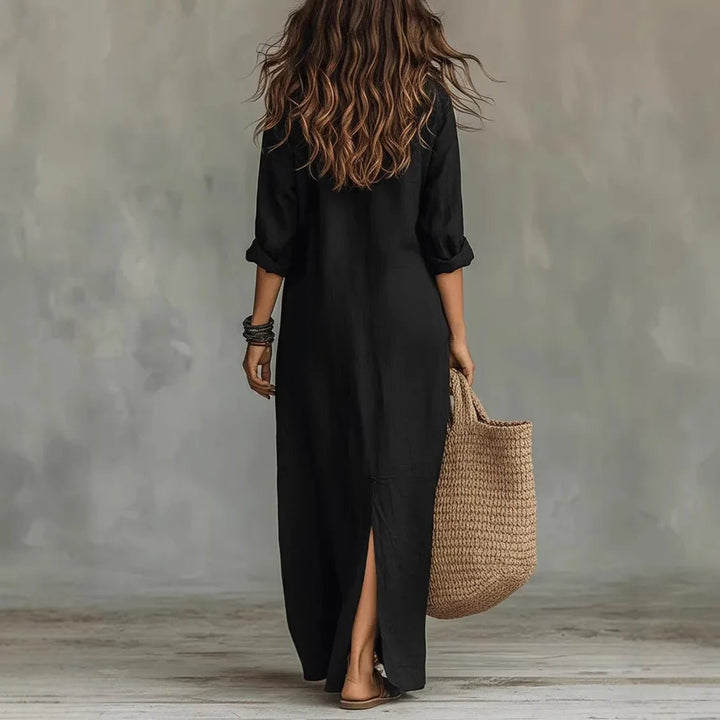 Versatile women's casual maxi shirt dress, 3/4 sleeves & side split. Ideal for beach cover-up or daily wear.