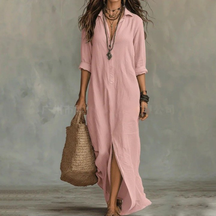 Half-button placket women's casual maxi dress with 3/4 sleeves, side split. Flowy, comfortable everyday fashion.