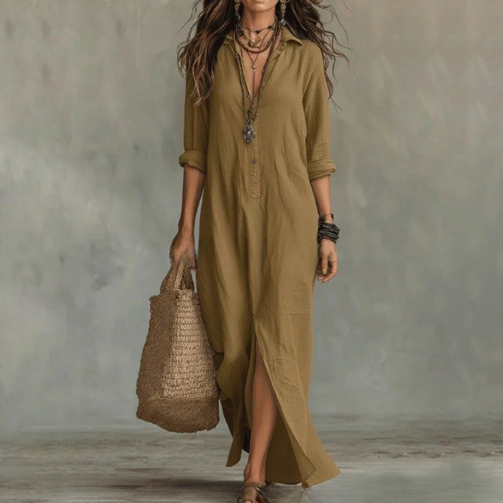 Stylish women's casual summer maxi dress with 3/4 sleeves, half-button & side split. Relaxed fit for warm days.