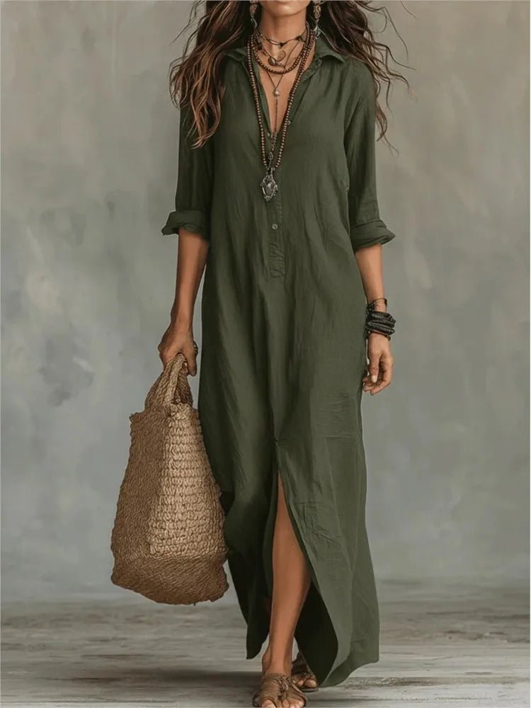 Comfortable women's 3/4 sleeve shirt maxi dress with side split & half-button. Great for casual summer outings.