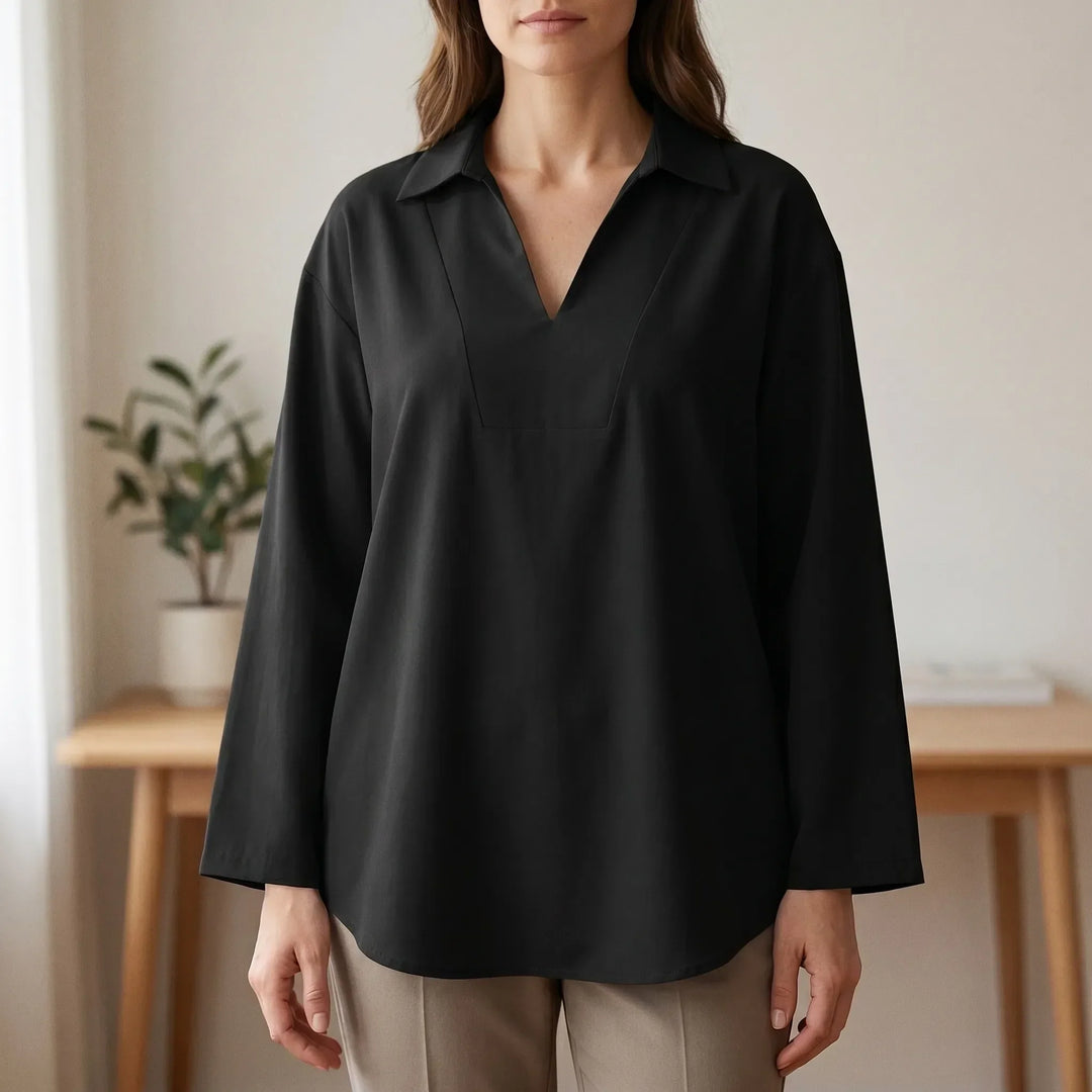 Women's casual high-low tunic top with long sleeves & V-neck. Effortless everyday style, loose fit blouse.