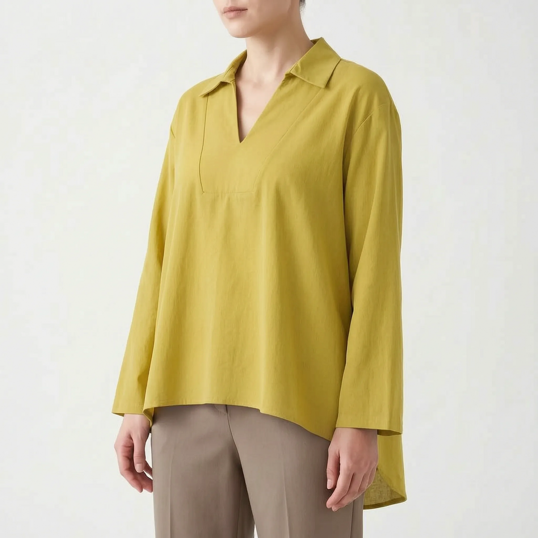 Fashionable women's high-low tunic for spring & fall. Long sleeve V-neck blouse, versatile smart casual top.