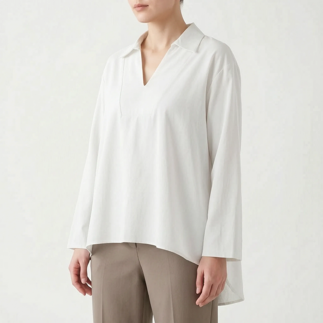 Chic high-low tunic top, women's long sleeve V-neck blouse. Perfect for casual, smart casual, spring, and fall fashion.