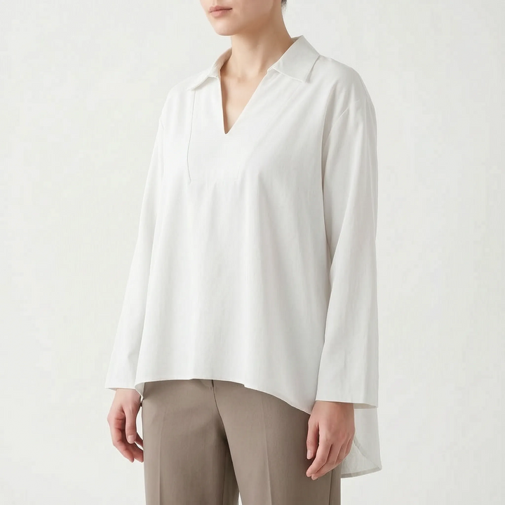 Chic high-low tunic top, women's long sleeve V-neck blouse. Perfect for casual, smart casual, spring, and fall fashion.