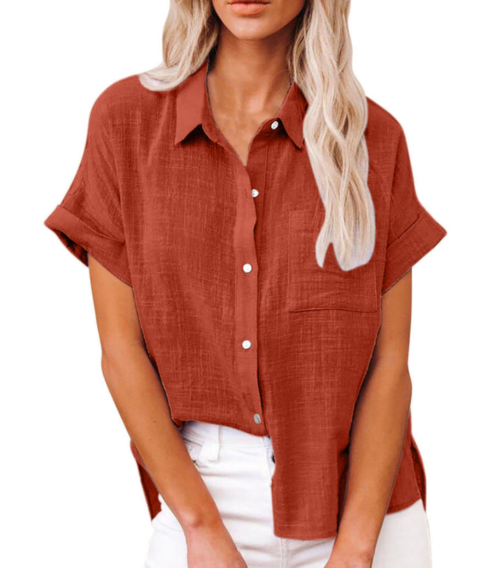 Stylish women's short sleeve blouse with a practical chest pocket, great for relaxed casual and versatile looks.