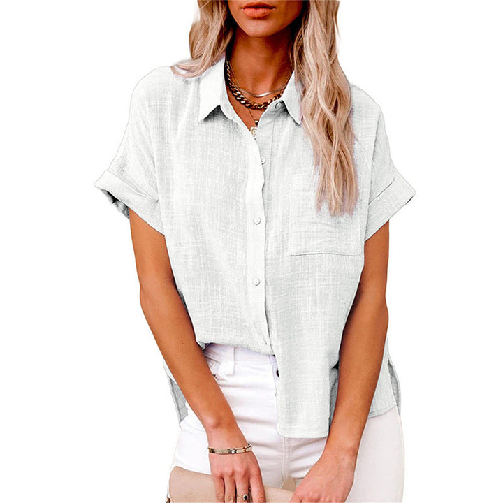 Casual women's button-front short sleeve shirt, a lightweight blouse with pocket for comfortable everyday style.