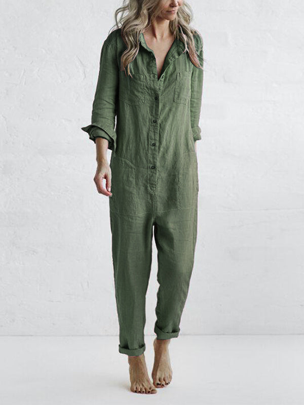 Women's casual long sleeve button-up jumpsuit. Relaxed fit, perfect for daily wear. Comfortable one-piece.
