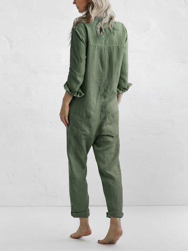 Stylish women's long sleeve jumpsuit with button-up front. Relaxed fit for versatile casual daily wear.