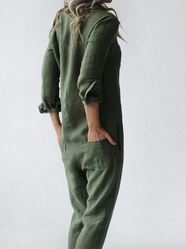 Comfortable women's long sleeve jumpsuit, ideal for casual daily wear. Features a stylish button-up front.