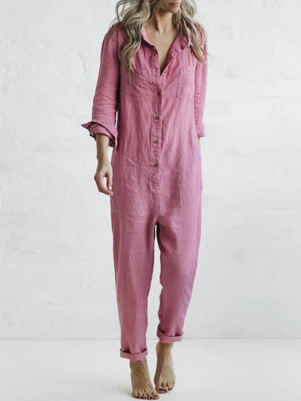 Long sleeve women's button-up jumpsuit in a casual style. Relaxed one-piece for effortless daily outfits.