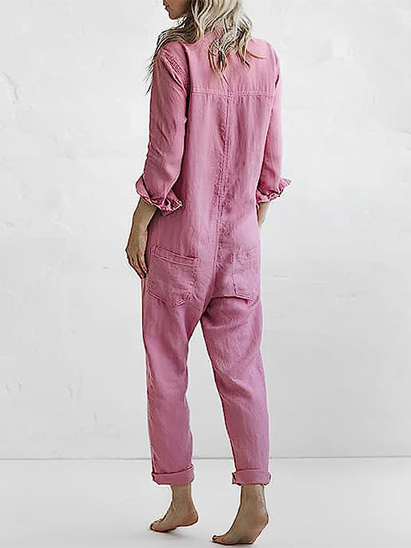 Soft, comfortable women's long sleeve jumpsuit. Button-up closure and relaxed fit for ultimate casual wear.