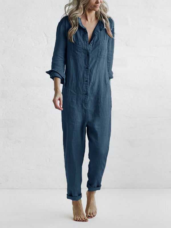Chic long sleeve button-up jumpsuit for women. Casual, comfortable, & perfect for everyday casual style.