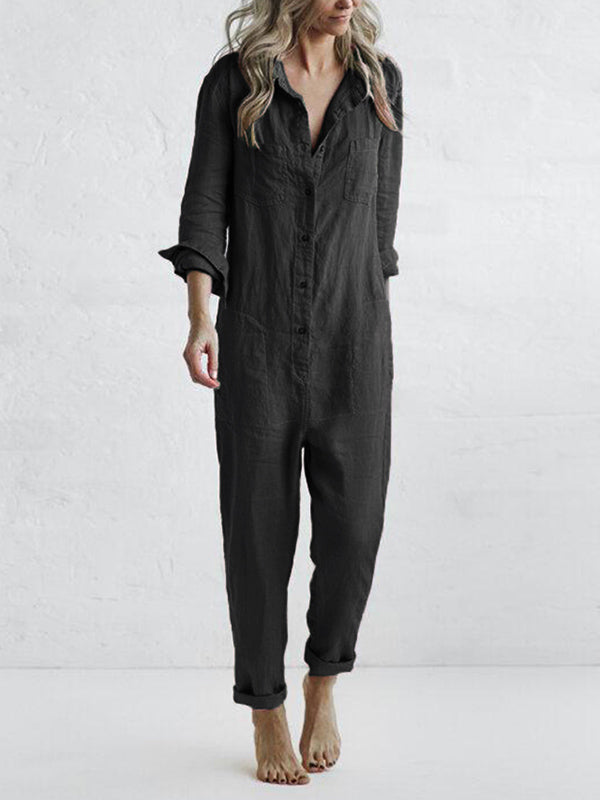 Women's one-piece casual long sleeve jumpsuit. Button-up front, relaxed fit, easy to style for any day.