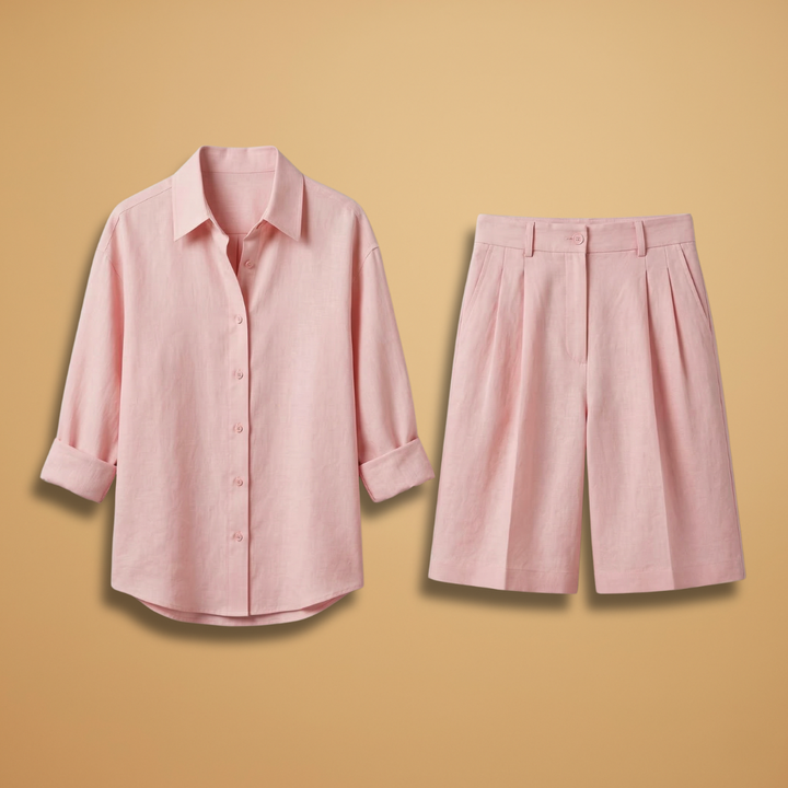 Women's casual long sleeve shirt & high rise pleated shorts matching set, ideal for comfortable travel wear.