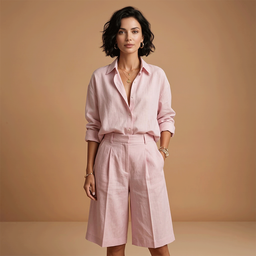 Comfortable two-piece women's set with long sleeve top & elastic waist shorts, perfect for summer resort wear.