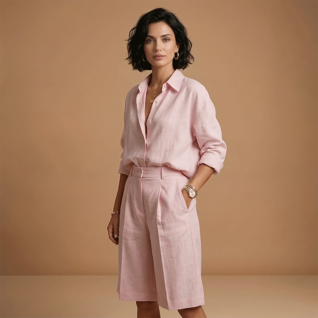 Matching women's long sleeve top & high rise shorts set, a comfortable casual outfit for any occasion.