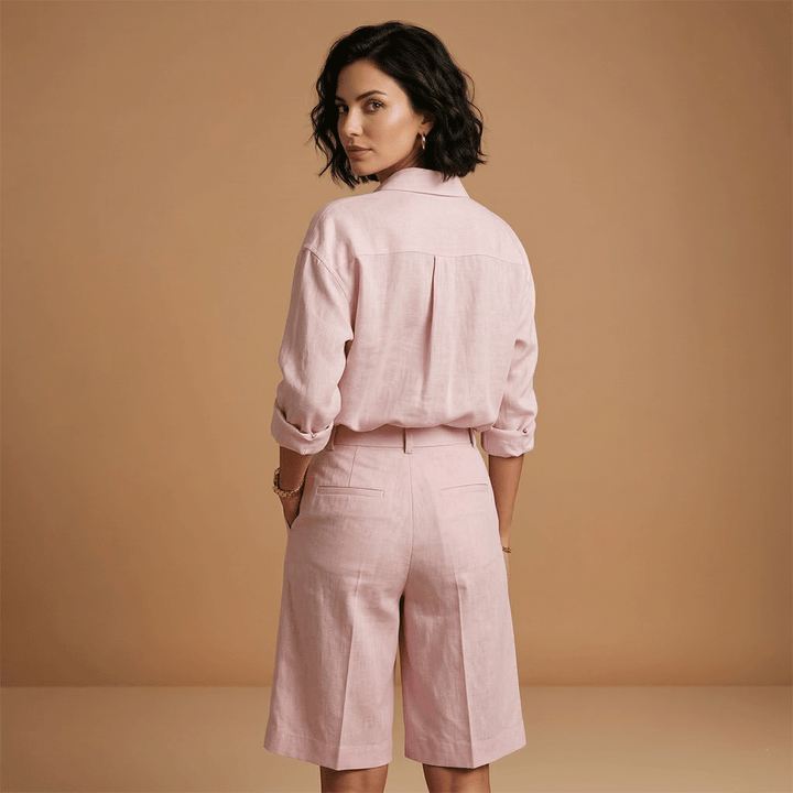 Pleated high-rise shorts and long sleeve shirt set for women, designed for ultimate travel comfort.