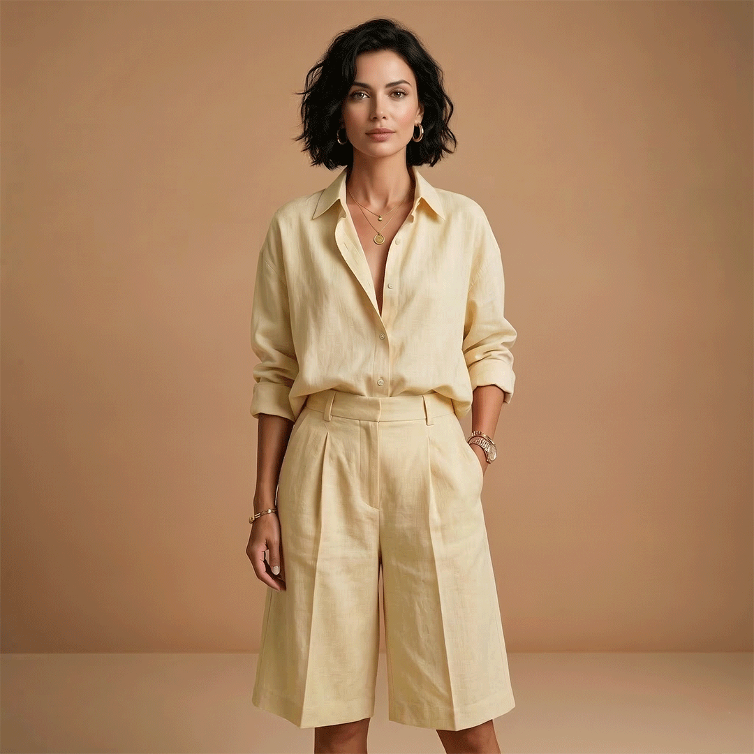 Elastic waist high-rise shorts with a matching long sleeve top, a versatile women's casual outfit.