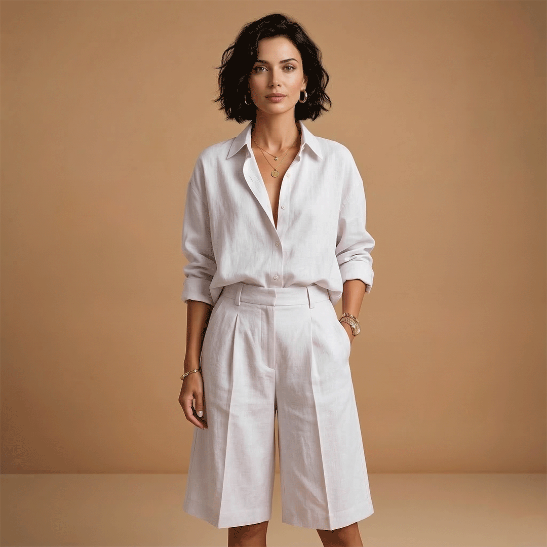 Women's comfortable casual set featuring a long sleeve top and pleated high-rise shorts.