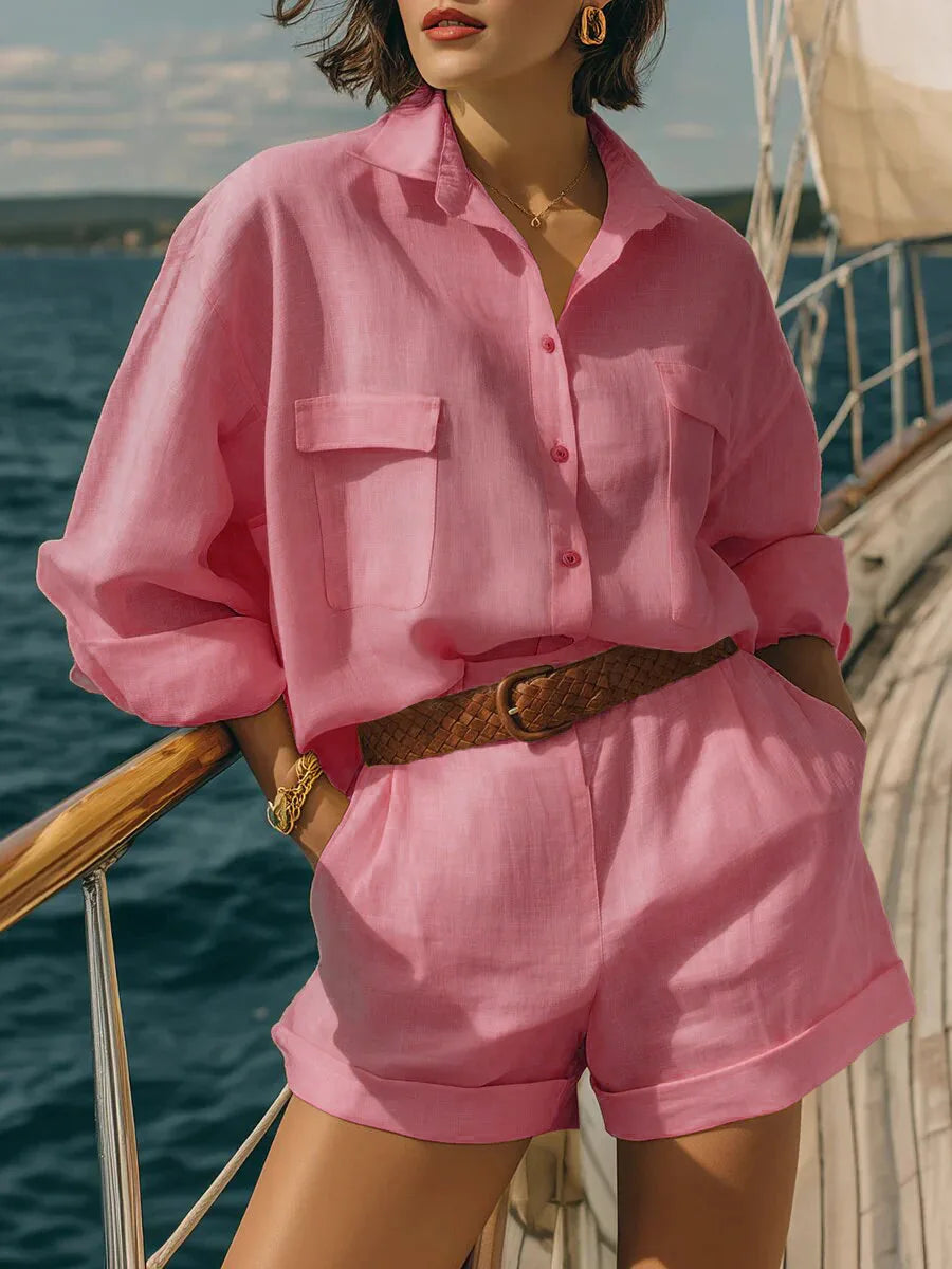 Women's casual long sleeve two-piece matching set, comfortable loungewear perfect for summer resort wear.