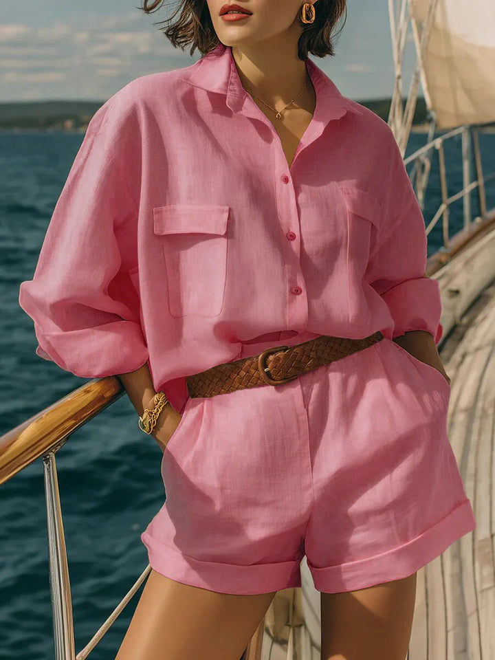 Women's casual long sleeve two-piece matching set, comfortable loungewear perfect for summer resort wear.