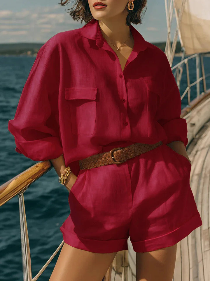 Oversized long sleeve two-piece set for women, stylish beachwear and casual summer outfit, comfortable.