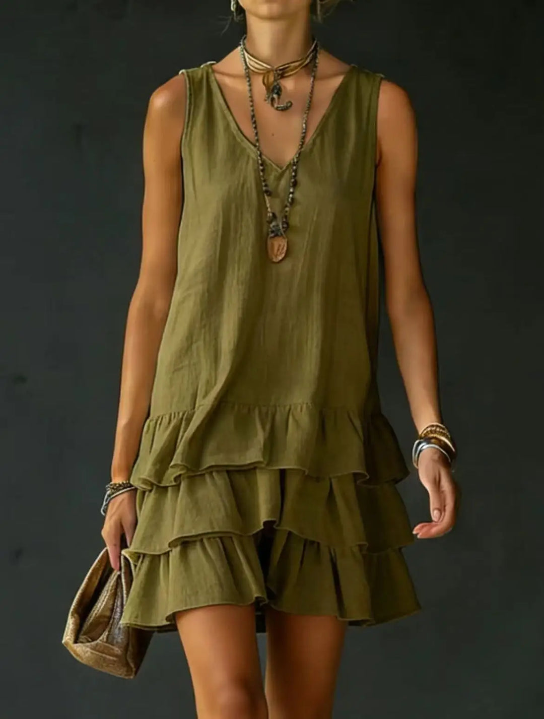 Relaxed fit tiered mini dress for women, with a chic V-neck and playful ruffles. A perfect summer casual dress.