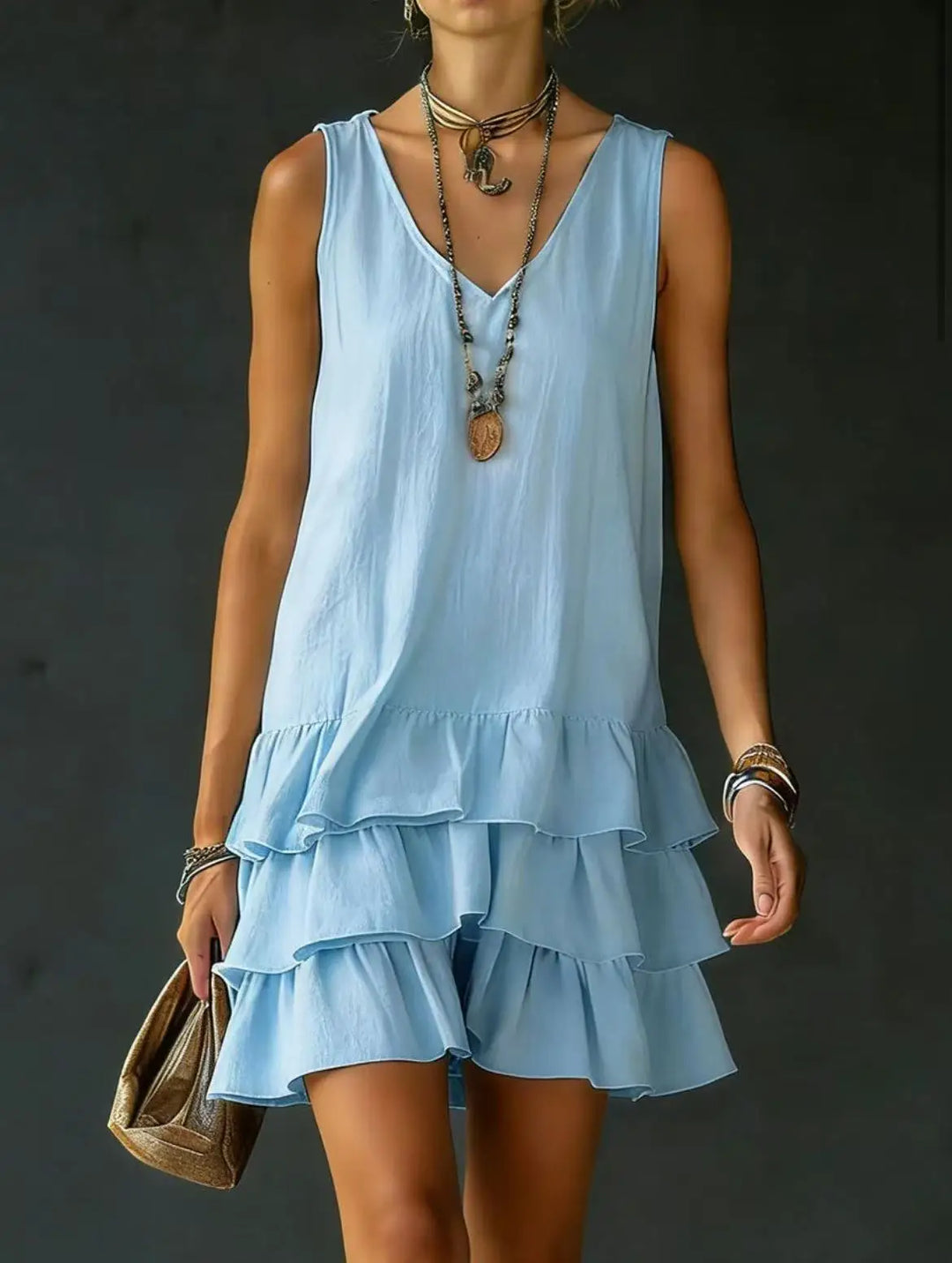 Comfortable women's summer mini dress, sleeveless with a V-neck and charming ruffle tiers. Ideal for warm days.