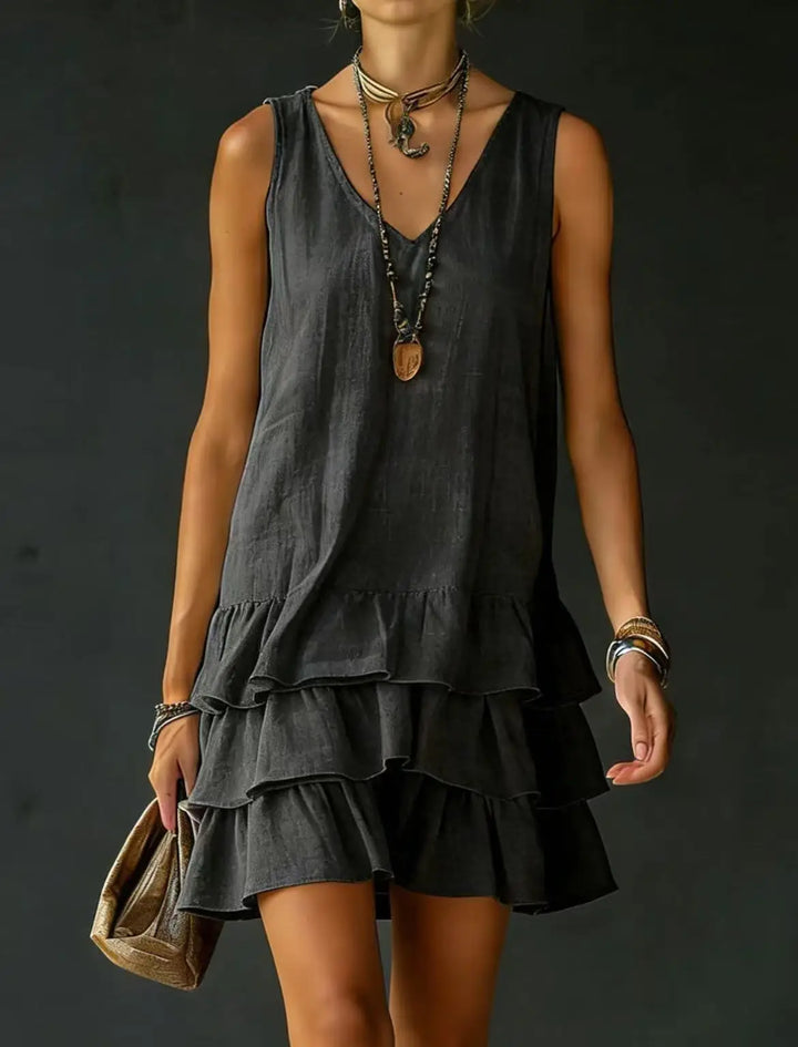 Stylish women's sleeveless V-neck tiered mini dress with playful ruffles. Essential warm weather casual wear.