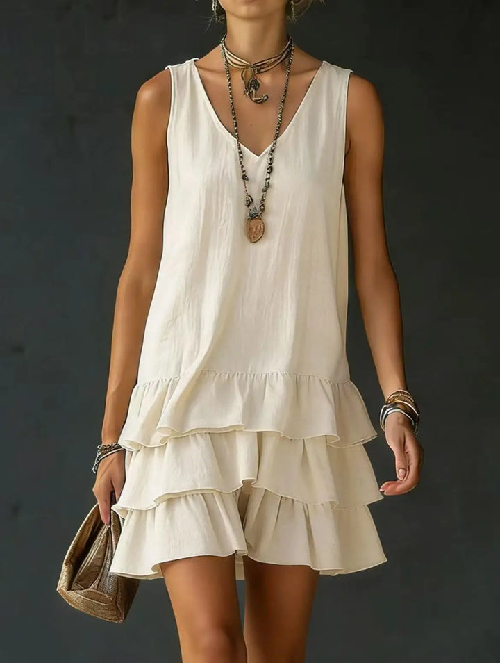 Chic women's ruffle tiered mini dress, sleeveless and V-neck, perfect for a casual, stylish summer look.