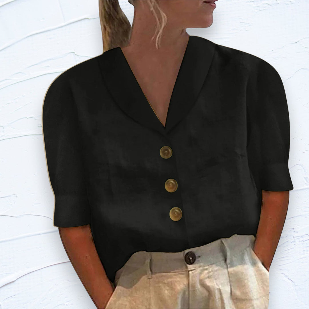 Stylish women's button-front short sleeve top. Ideal for casual summer fashion & comfortable everyday outfits.