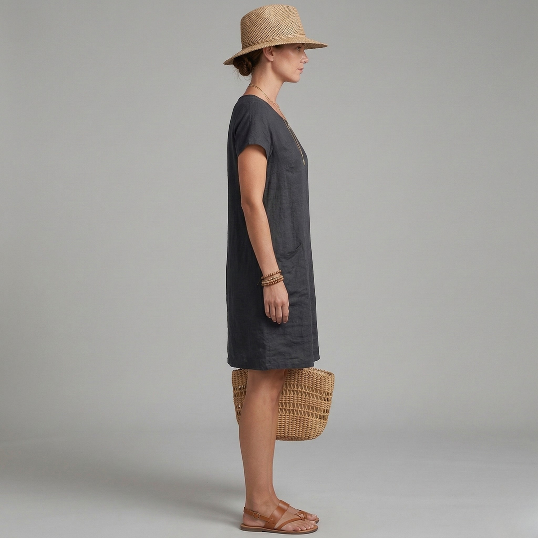 Breezy women's mini summer dress with a round neck & short sleeves. Ideal for hot weather or a casual vacation.