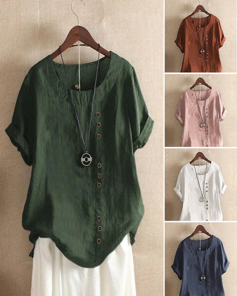 Lightweight women's short sleeve top with button front, excellent for casual spring & summer outfits.