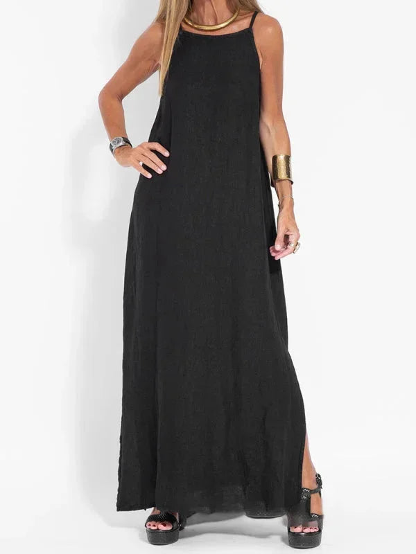 Breathable women's long sleeveless dress, a casual maxi with a fashionable side slit.